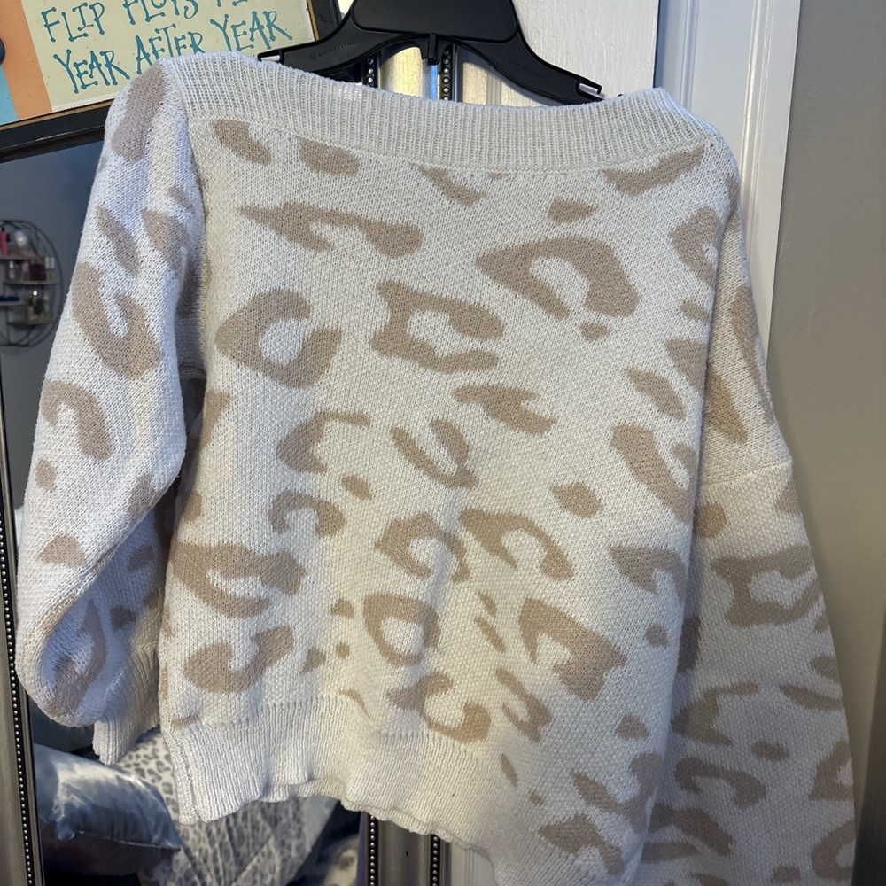 SHEIN Off-the-Shoulder Leopard Sweater - White and Tan